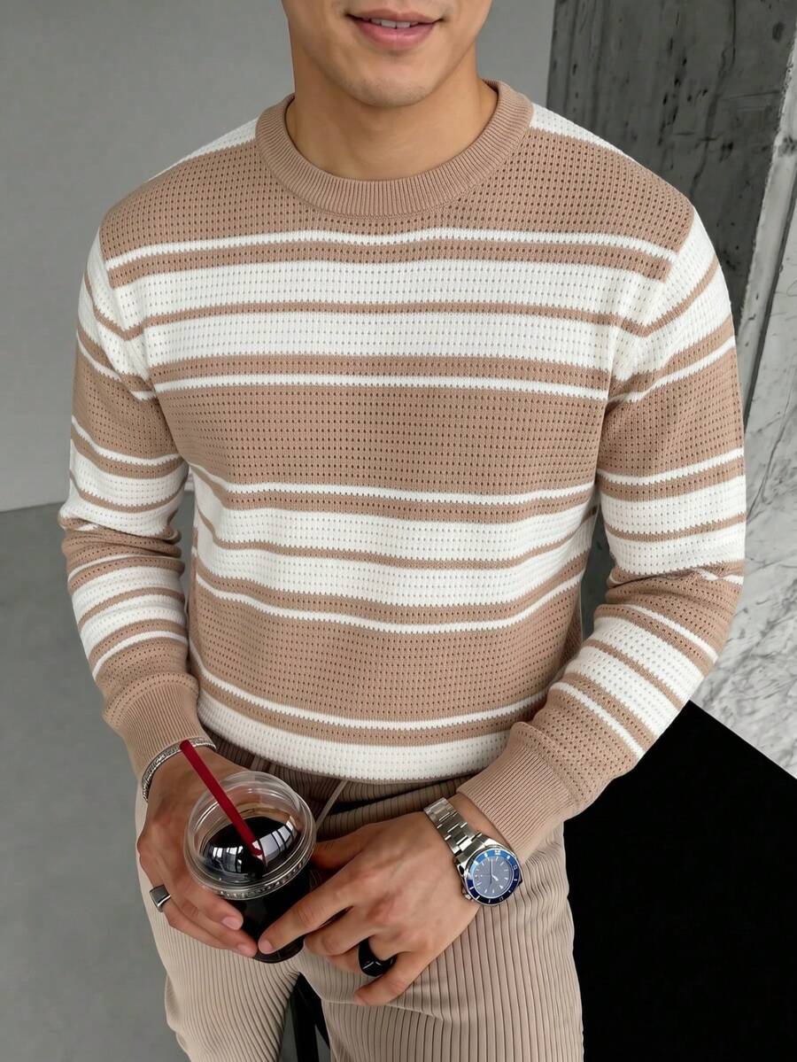 ALTZTAR Men's Crew Neck Long Sleeve Ribbed Knit Sweater - Apricot - View 1