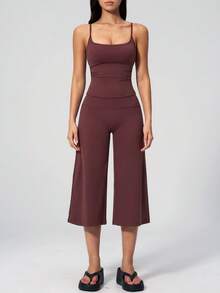 TimeOff Women's One Set Solid Color Adjustable Strap Camisole And Wide Leg Pants Sports Suit - Red - View 4