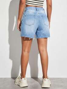 Light Wash High Waist Ripped Denim Shorts, Women's Summer Beach Vacation Casual Distressed Frayed Jean Shorts - Blue - View 6