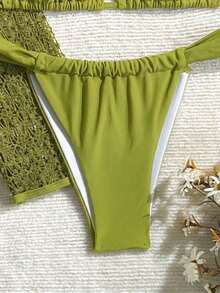 Conjunto de bikini de atar elegante y vintage de color marrón sólido para mujer, ideal para vacaciones y casual. Vestido con textura como cubierta de traje de baño, traje de baño para playa - Verde - Ver 2