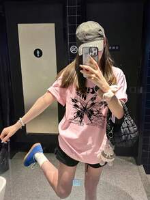 寬鬆設計字母印花短袖T恤，休閒淡粉色女款上衣，適合夏季度假 - 淺粉色 - 查看 2