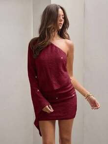 Vestido de verano de mujer elegante con un hombro, con textura y adornos de lentejuelas, vestido de un solo manga, vestido asimétrico, vestido lila para mujer, vestido de verano de un solo hombro, vestido asimétrico para mujer - Burdeos - Ver 7