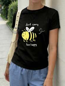 Round Neck T-Shirt With Bee Print, Fresh Natural Style For Everyday Wear - Black - View 1