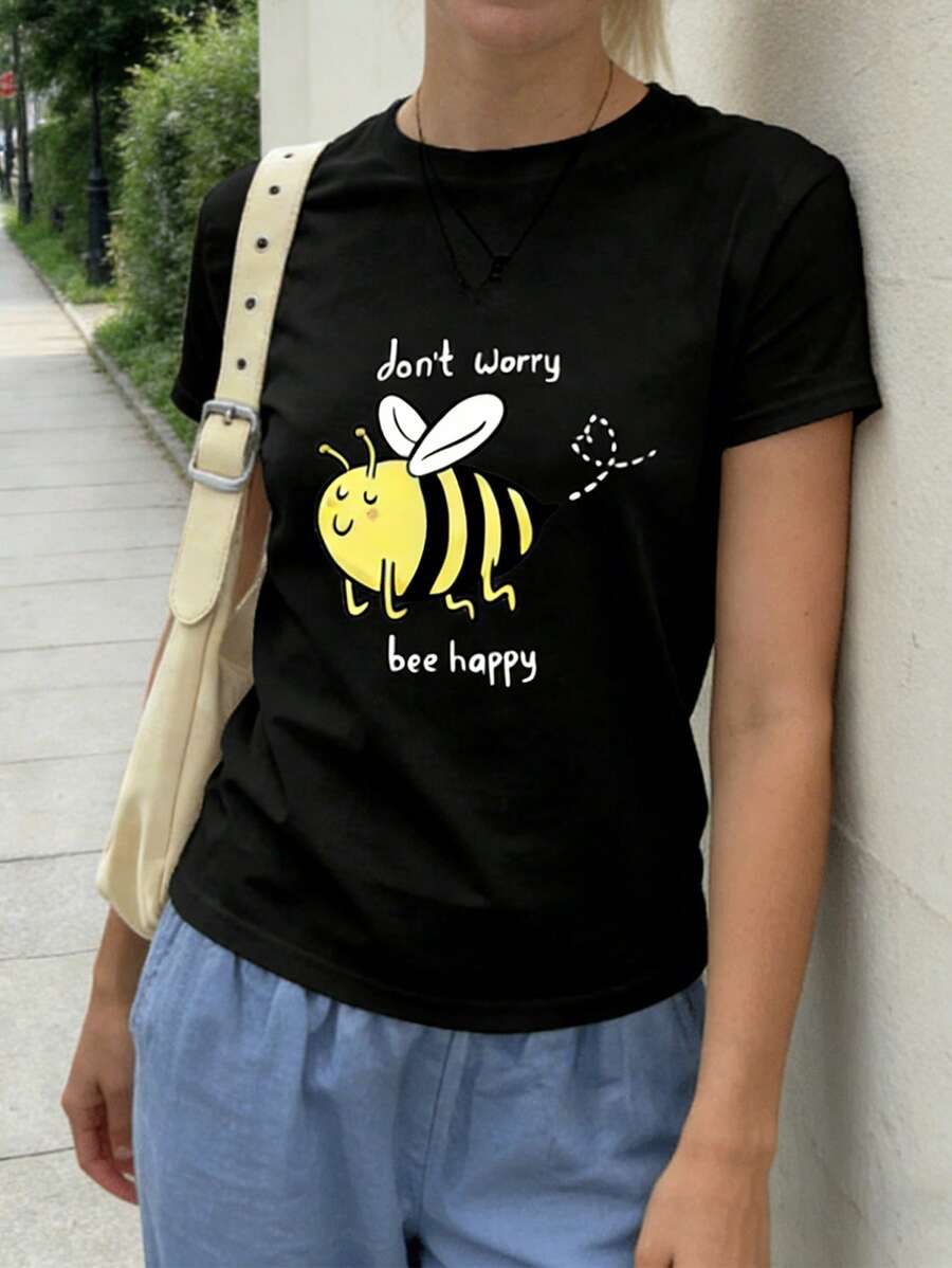Round Neck T-Shirt With Bee Print, Fresh Natural Style For Everyday Wear - Black - View 1
