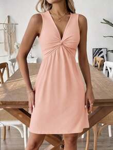 Holidaya Solid Color Textured Casual Sleeveless Mini Summer Dress - Pink - View 6