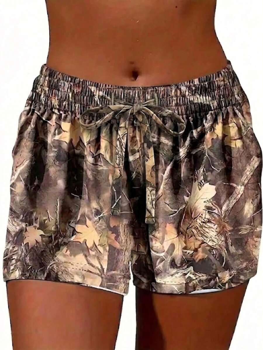 Pantalones cortos de mujer de talla grande con estampado tie-dye vibrante y cintura elástica - Cintura elástica casual con cordón, mezcla de poliéster ligera para vacaciones de verano - Marrón - Ver 1