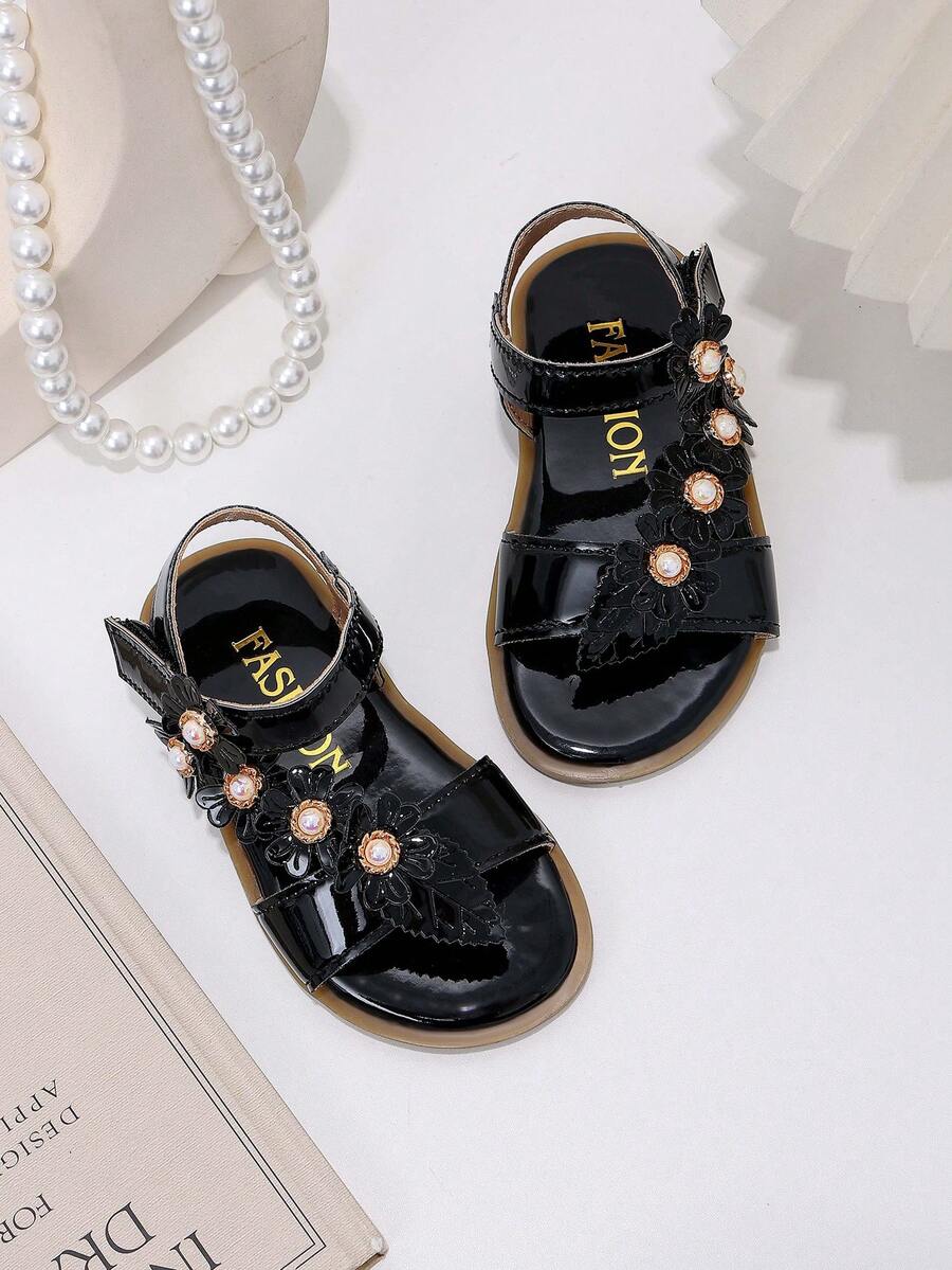 Children's Fashion Summer Flat Sandals, One-Piece Sandals, New Stylish Elegant Minimalist Princess Style Baby Sandals, Hollow Design, Cartoon Flower Pearl Decor - Black - View 1