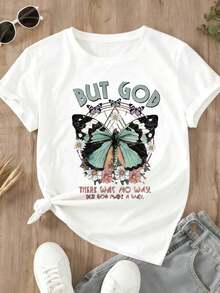 Comfortable For All-Day Wear. This Women's Casual T-Shirt Features A Round Neck, Short Sleeves, And A Butterfly And Flower Design With The Phrase "But God There Was No Way But God Made A Way," Perfect For Everyday Wear And A Touch Of Religious Inspiration. The Relaxed, Comfortable Fit Flatters All Body Types, While The High-Quality Material Is Soft To The Touch And Durable. - 黑色 - 查看 10