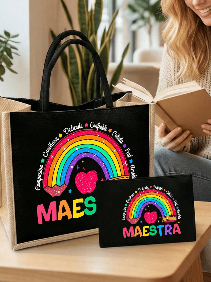 彩虹色「Maestra」字體教師主題托特包,購物袋,多功能手提包,教師感謝禮物,女士亞麻大容量托特包。創新設計便攜休閒收納肩背包。便攜化妝品收納袋,適用於學校用品、化妝品和文具。姊妹禮物,最佳教師禮物,生日禮物,週年紀念禮物,畢業禮物,創意教師禮物,教師節禮物 - 彩色 - 查看 1