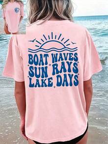 100% Cotton T-Shirt - [Double-Sided Print][Directional]Boat Waves Sun Rays Lake Days Letter Print Short-Sleeve Round Neck T-Shirt - Vintage Street Style Unisex Loose Cotton Short Sleeve Crew Neck T-Shirt- Festival Outfits - Vacation Outfits Women - Summer Tops For Women - White Top - 粉色 - 查看 1