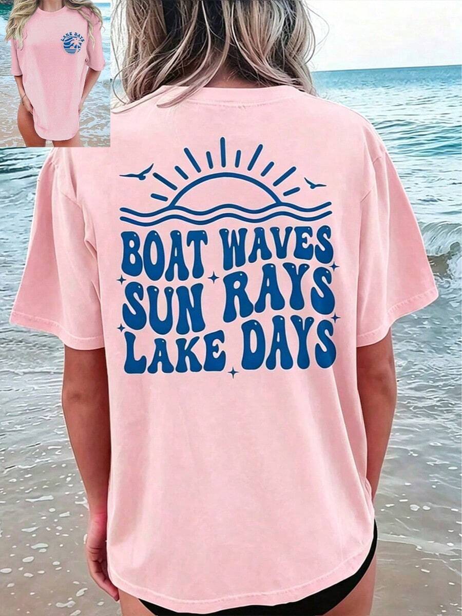100% Cotton T-Shirt - [Double-Sided Print][Directional]Boat Waves Sun Rays Lake Days Letter Print Short-Sleeve Round Neck T-Shirt - Vintage Street Style Unisex Loose Cotton Short Sleeve Crew Neck T-Shirt- Festival Outfits - Vacation Outfits Women - Summer Tops For Women - White Top - 粉色 - 查看 1