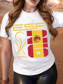 Plus Size T-Shirt With Spain Flag Design ESP 2026 And Yellow Text Pattern, Suitable For Casual Wear And Sporting Events, Women's T-Shirt, 2026 World Cup T-Shirt, Graphic Print T-Shirt, Low-Stretch Pure Cotton Fabric, Comfortable To Wear, Short Sleeve T-Shirt, Casual T-Shirt For Everyday Outdoor Wear, Team T-Shirt, Best Choice For World Cup Gifts (Sizes S-5XL). Suitable For Spring, Summer, And Autumn. - 白色 - 查看 6