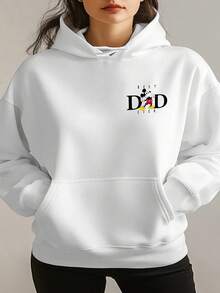 Directly Marketed New Autumn And Winter Styles, Standard Size Women'S Fleece-Lined Hooded Sweatshirt, Kangaroo Pocket, Disney Classic Character Mickey Mouse Print, Paired With The Text "BEST DAD EVER", Mickey Mouse Giving A Thumbs Up - trắng - Xem 2