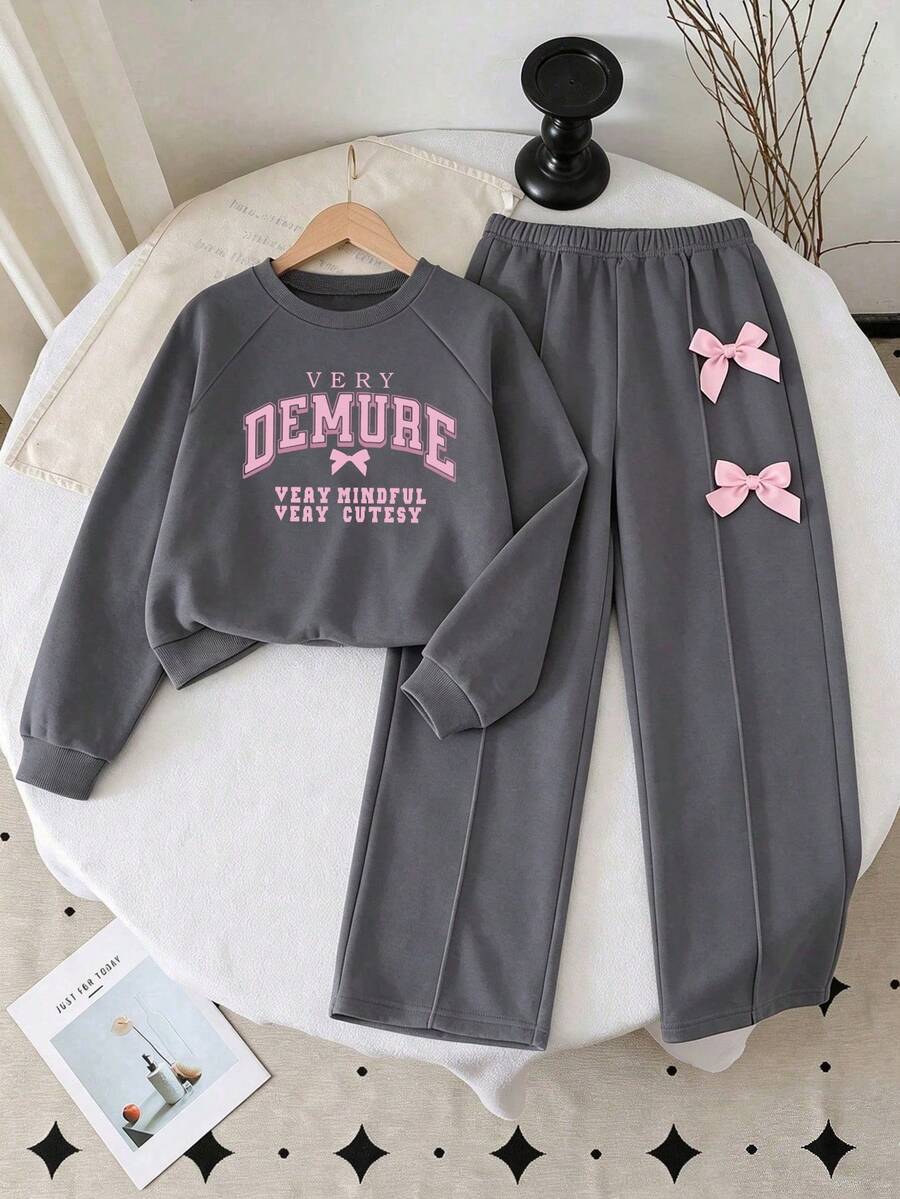 Girls Fashion Grey Letter Print Crew Neck Long Sleeve Top And Wide Leg Pants With Bow Decoration, Autumn/Winter - Dark Grey - View 1