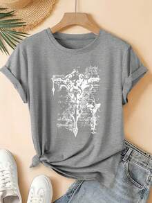Gothic Cross Script Art Design. Digital Print. Short Sleeves. Unisex. Pure Cotton. Loose And Comfortable. - Grey - View 1