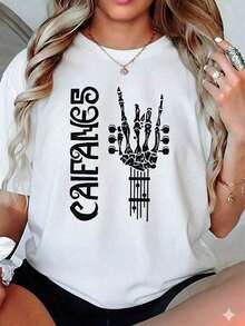 Playera Negra Oversize CAIFANES Rockera con Gráfico de Mano Esqueleto y Guitarra, Camiseta Vintage Estilo Urbano Gótico, Manga Corta Holgada Casual Top de Mujer, Blusas de Mujer Bonitas, Rock Mexico - Gris - Ver 1