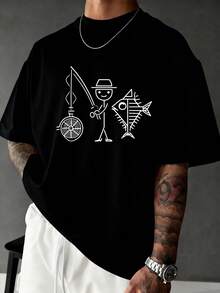Men's Printed T-Shirt, Vintage Loose Fit, Mermaid Fishing Design, Casual Style For Daily Travel, Wrinkle-Free | Men's Everyday T-Shirts | Men's Basic T-Shirts |  Fashion Tops - 黑色 - 查看 12