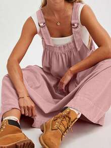 Women's Barrel Midi Dress Loose Adjutable Strap Big Pockets Maxi Dress Overall Jumpsuits - Pink - View 3