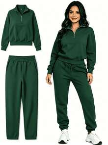 Women's Two-Piece Tracksuit With Half Zip And Matching Pants - 綠色 - 查看 2