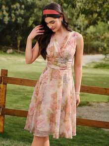 Vestido de mujer elegante y vintage con estampado de rosas y cuello en V de organza, para vacaciones, fiestas, verano, festivales, bodas, graduaciones, bailes de graduación, ceremonias, cumpleaños y ocasiones formales. Vestido elegante de color rosa para fiestas y vacaciones. - Albaricoque - Ver 4