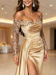 Women's Sexy One-Shoulder Long Sleeve Beaded V-Neck Large Swing Sequin Slit Elegant Long Dress For Party Prom - Vàng - Xem 5