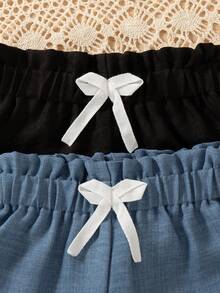 2pcs/Set Girls' Casual Everyday Outing Fashion Solid Color Bow Decor Elastic Waist Long Pants Spring/Autumn - Multicolor - View 3