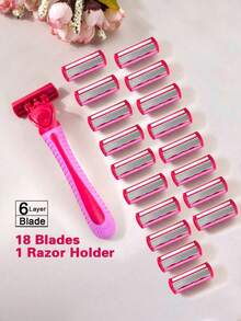 Maquinilla de afeitar manual para mujer con 1 mango y 18 cuchillas de afeitar de acero inoxidable de 6 capas reemplazables - rojo - Ver 15