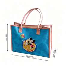 Miniso Disney Mickey Mouse & Pluto Cute Print Tote Bag, Blue Background With Pink Trim, Large Capacity, Versatile For Shopping, Commuting, School & Travel - Black - View 3