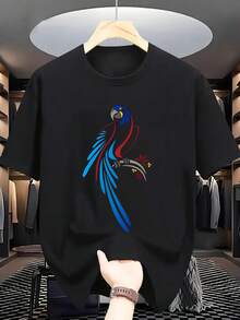 Camiseta de manga corta con estampado de loro, camiseta casual de cuello redondo hecha de tela de punto de poliéster elástica y ligera, top con estampado de ajuste regular para adultos. - Negro - Ver 10