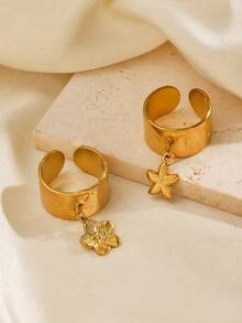 2pcs/Set Stainless Steel 18K Gold Plated Starfish & Flower Design Rings, Suitable For Daily Wear - Multicolor - View 6