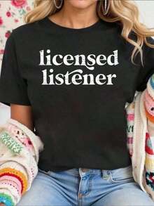 TrendySpring Women's Sets, Women's T-Shirt With Mental Health Counselor Print, Therapy T-Shirt, Comfortable T-Shirt, Short Sleeve Crew Neck T-Shirts For Women, Summer Clothes, Summer Tops, Everyday Wear - 黑色 - 查看 1