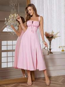 Vestido largo de mujer de un solo color con tirantes finos, diseño de abertura alta, ajustable con lazo en la espalda, perfecto para vacaciones de verano, playa, cóctel, ocio en el jardín y viajes, elegante rosa - sello - Ver 7