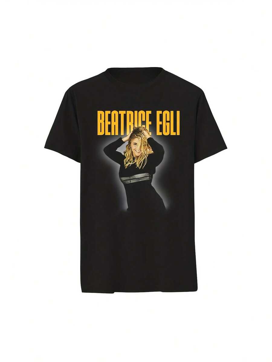 New Beatrice Egli Pop Art Graphic T-Shirt For Men And Women 2026 - Unisex Urban Style T-Shirt 100% Retro Inspired By The 80s With Beatrice Egli Portrait And Signature Print, Yellow Letters, Round Neck, Short Sleeve, For Casual Wear. - 黑色 - 查看 1