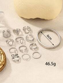 13 piezas Pulsera de acero inoxidable 304 con letras romanas, con corazón, sol y formas radiantes ajustables, anillos con letras personalizables, adecuado para decoración diaria o regalos de mujer - Plateado - Ver 4