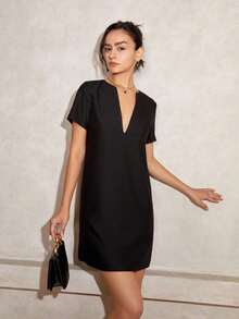 Vestido corto recto de unicolor con cuello en V y manga corta para mujer, conjunto de ropa casual de negocios para vacaciones de verano elegante en color blanco - Negro - Ver 6