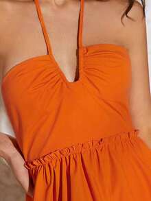 Vestido veraniego sin espalda con lazo, cuello halter y dobladillo con volantes - Naranja - Ver 4