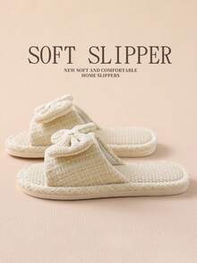 Linen All Season Indoor Slippers, Women's Absorbent & Quiet Summer Linen Slippers, Elegant Beige Bow Design - White - View 4
