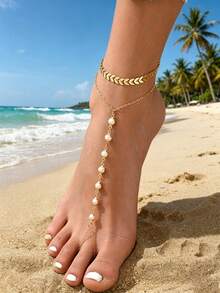 2pcs/Set Minimalist Classic Gold Airplane Chain Faux Pearl Decor Toe Ring, Fashionable Double-Layer Anklet, Suitable For Daily Wear, Beach, And Outdoor Activities - Multicolor - View 1