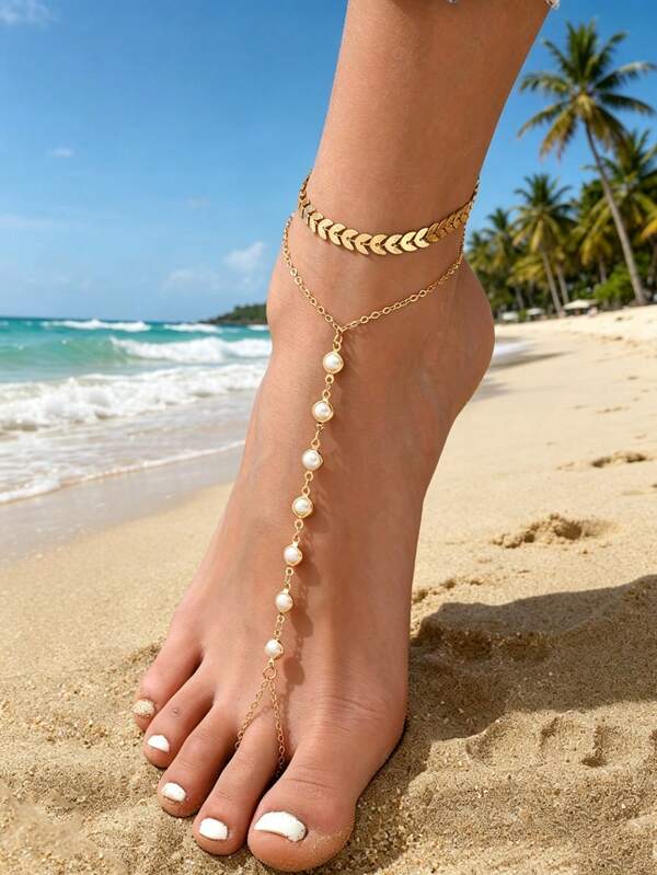 2pcs/Set Minimalist Classic Gold Airplane Chain Faux Pearl Decor Toe Ring, Fashionable Double-Layer Anklet, Suitable For Daily Wear, Beach, And Outdoor Activities