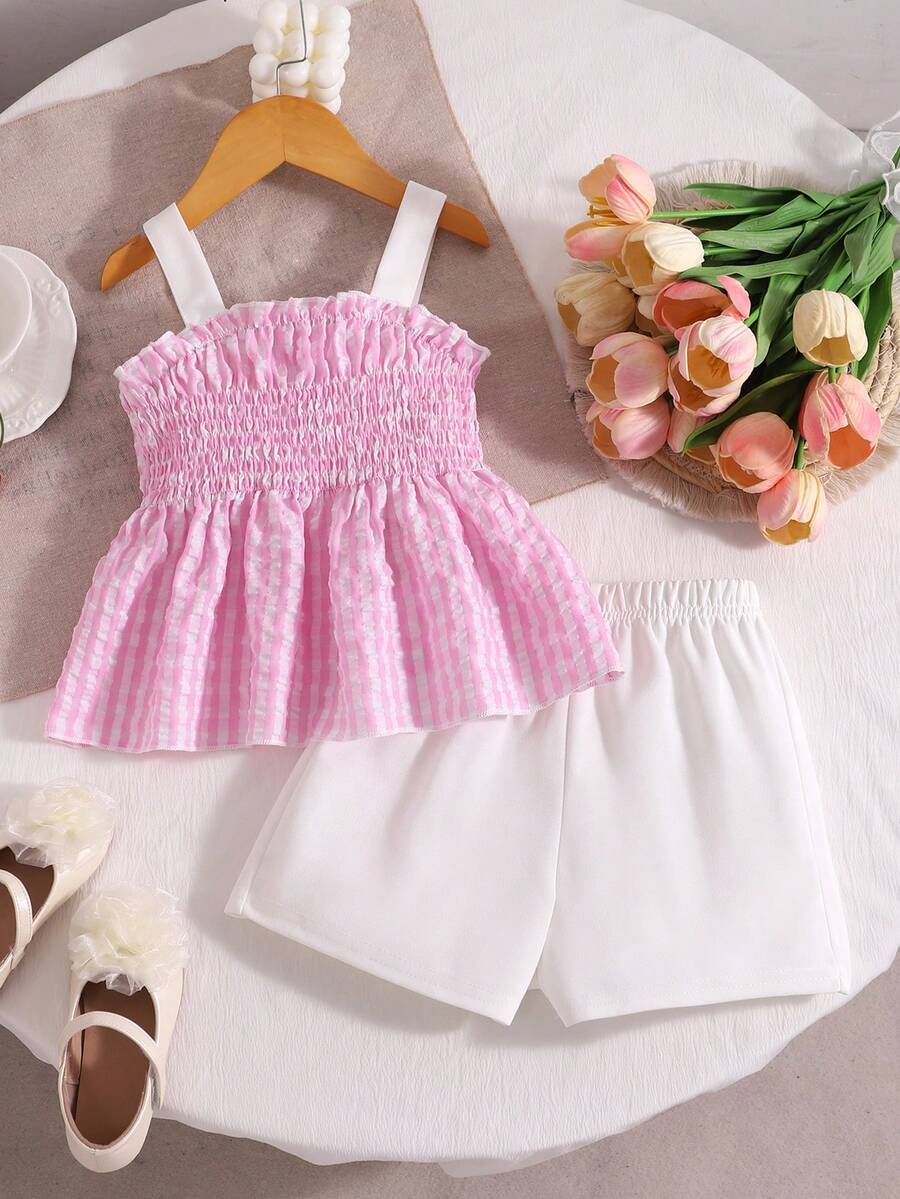 Ensemble camisole & short à carreaux rose & blanc pour filles, style doux & mignon, top à bretelles + short blanc à taille élastique, tenue décontractée 2 pièces pour bébé, port quotidien & vacances, été - Rose bonbon - Voir 1
