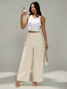 PETITE Pantalones anchos de cintura alta con textura, moda casual sencilla para la temporada de vuelta al colegio, estilo de dinero viejo para ir y venir - Azul marino 2 - Ver 11