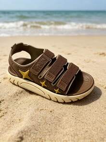 Boys' New Comfortable Hook And Loop Star Decor Children Sandals, Large Size Student Flat Beach Shoes, Suitable For Spring & Summer - Khaki - View 6