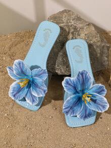 2026 Nuevos diseños de sandalias cuadradas con decoración floral plana, sandalias de playa amarillas para damas adecuadas para el verano, la playa, atuendos casuales y fiestas - Azul menta - Ver 5