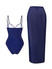 Swim Oasis Set de 2 piezas de vestido largo y traje de baño de una sola pieza con tirantes finos, decoración de estrella de mar y corte alto, unicolor para mujer en verano - Marrón - Ver 11