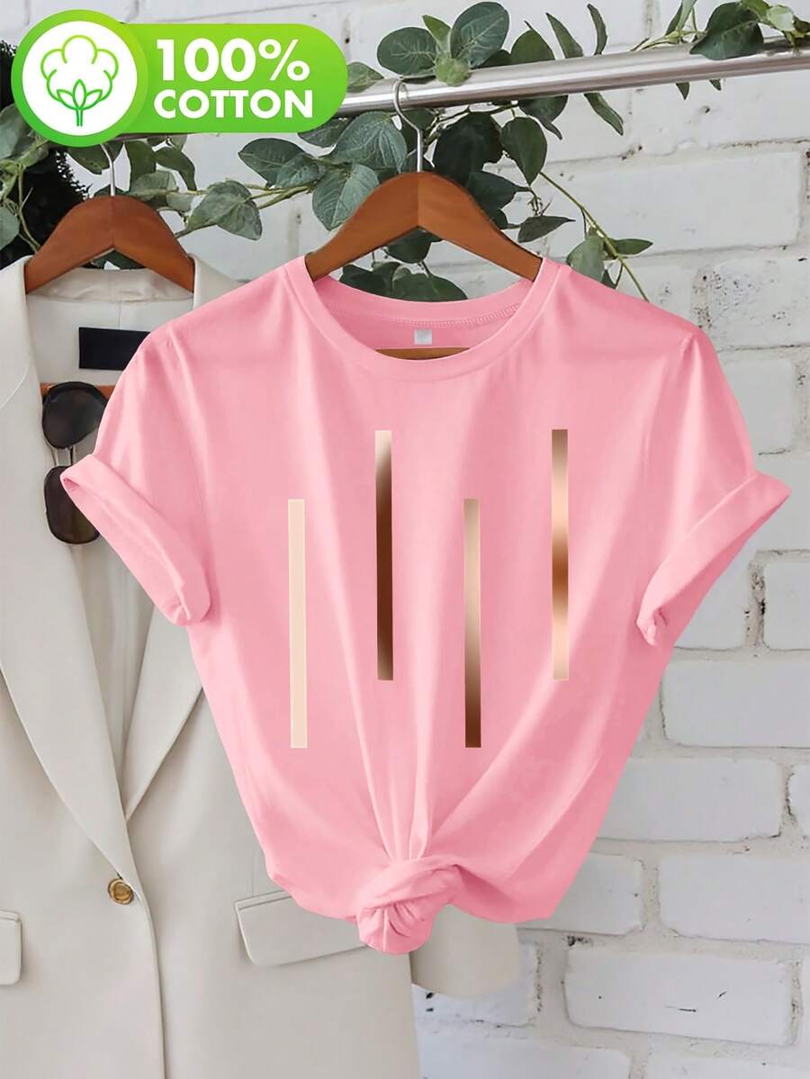 Plus Size, Gradient Color Bars, Women's Plus Size Printed Round Neck Short Sleeve Casual Blouse - Rose - View 1