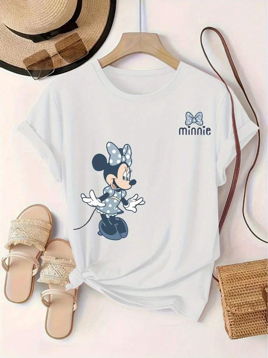 Disney Minnie Mouse Print Women's Casual Short-Sleeved T-Shirt, A Stylish Top For - White - View 1