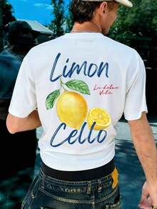 FRACTYR Camiseta de Manga Corta para Hombre, Estilo Casual de Verano, Corte Holgado, Estampado de Doble Cara Amarillo Limón, Cuello Redondo - Blanco - Ver 6