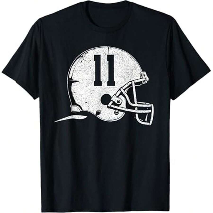 Number 11 Football Helmet Player Fun Number T-Shirt - Black - View 1