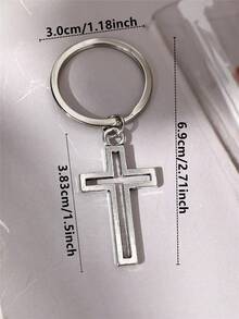 1pc Classic Basic Cross Keychain, Fashionable Men's Punk Style Car Pendant, Unisex, Minimalist Design - Silver - View 5