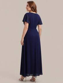 EVERPRETTY Women's Elegant Romantic V-Neck Short Sleeve Ruffle Sleeve Chiffon Evening Dress, Suitable For Spring/Summer Wedding, Formal Occasion, Graduation Party, Holiday, Birthday Party - Navy Blue - View 2